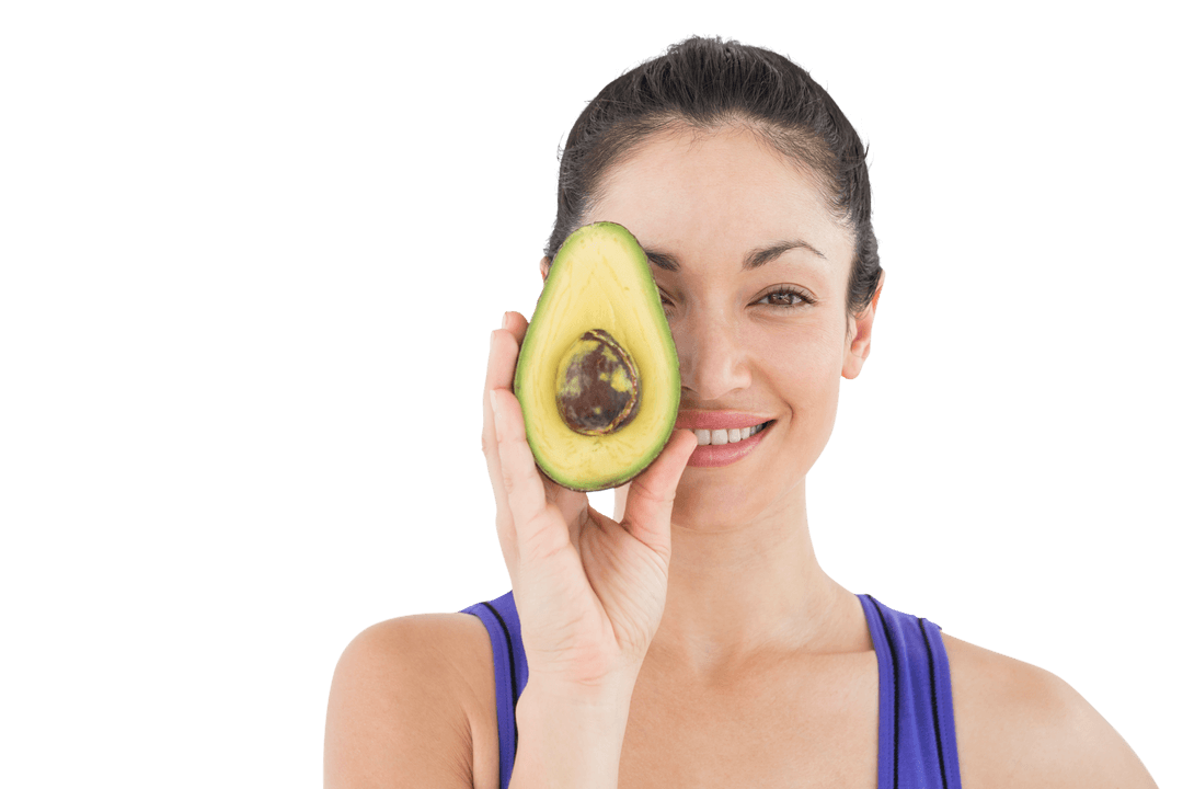 Smiling Woman Holding Split Avocado Against Transparent Background
