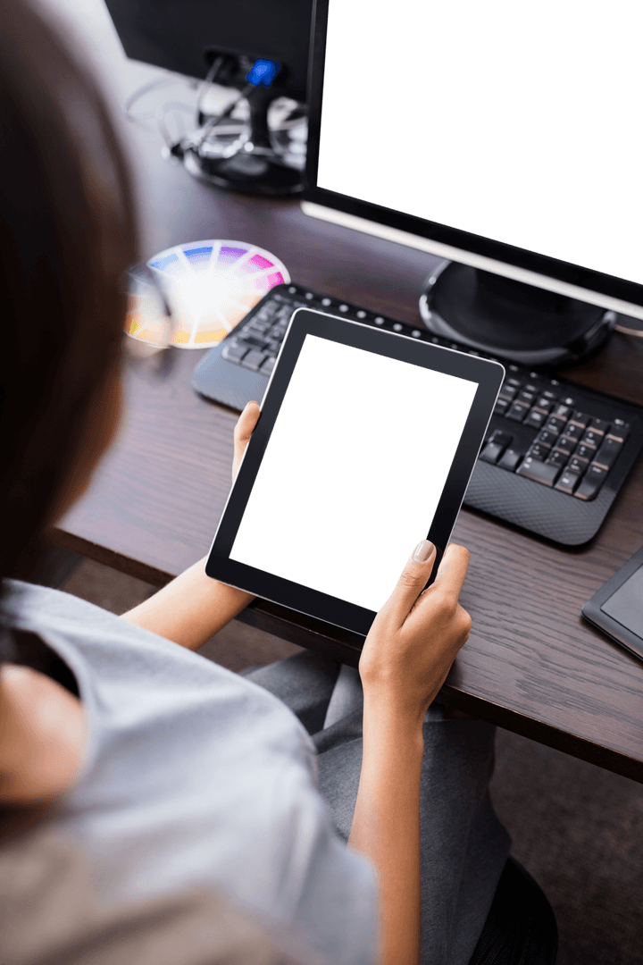 Transparent Tablet Screen in Modern Office Environment