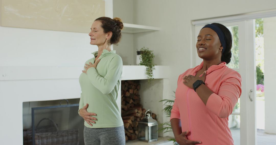 Diverse Women Practicing Mindful Breathing at Home