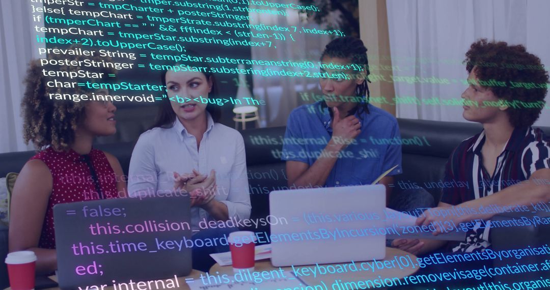 Software Developers Collaborating in Modern Office with Code Overlay