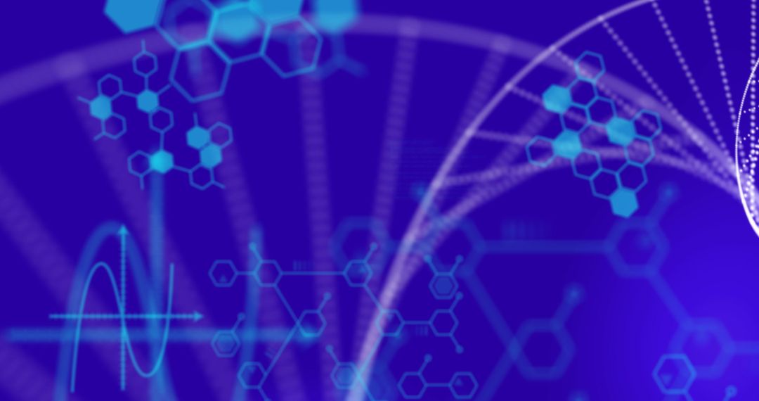 Futuristic DNA Strand with Scientific Data on Blue Background