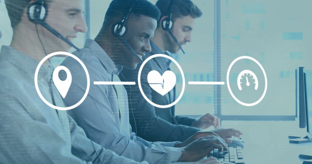 Diverse Customer Support Team with Global Connectivity Icons