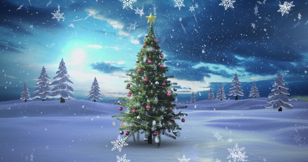 Festive Snow-Covered Christmas Tree in Tranquil Winter Wonderland