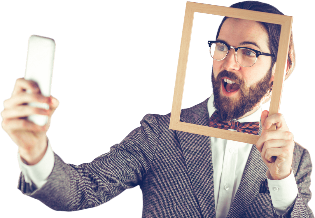 Transparent Businessman Holding Frame Taking Selfie With Surprised Expression