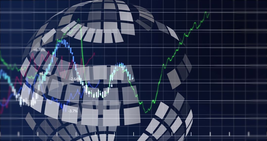 Digital Globe Overlay on Financial Graphs Against Grid Background