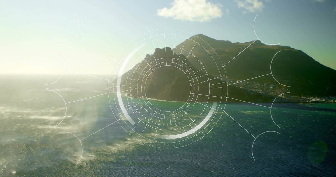 Futuristic HUD Interface over Rugged Coastal Landscape