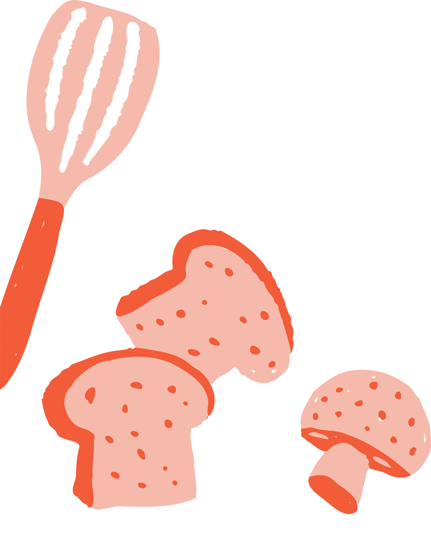 Culinary Graphics with Coral Spatula and Mushrooms on Transparent Background