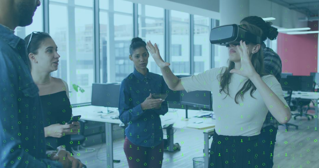 Team Experimenting with Virtual Reality in Modern Office