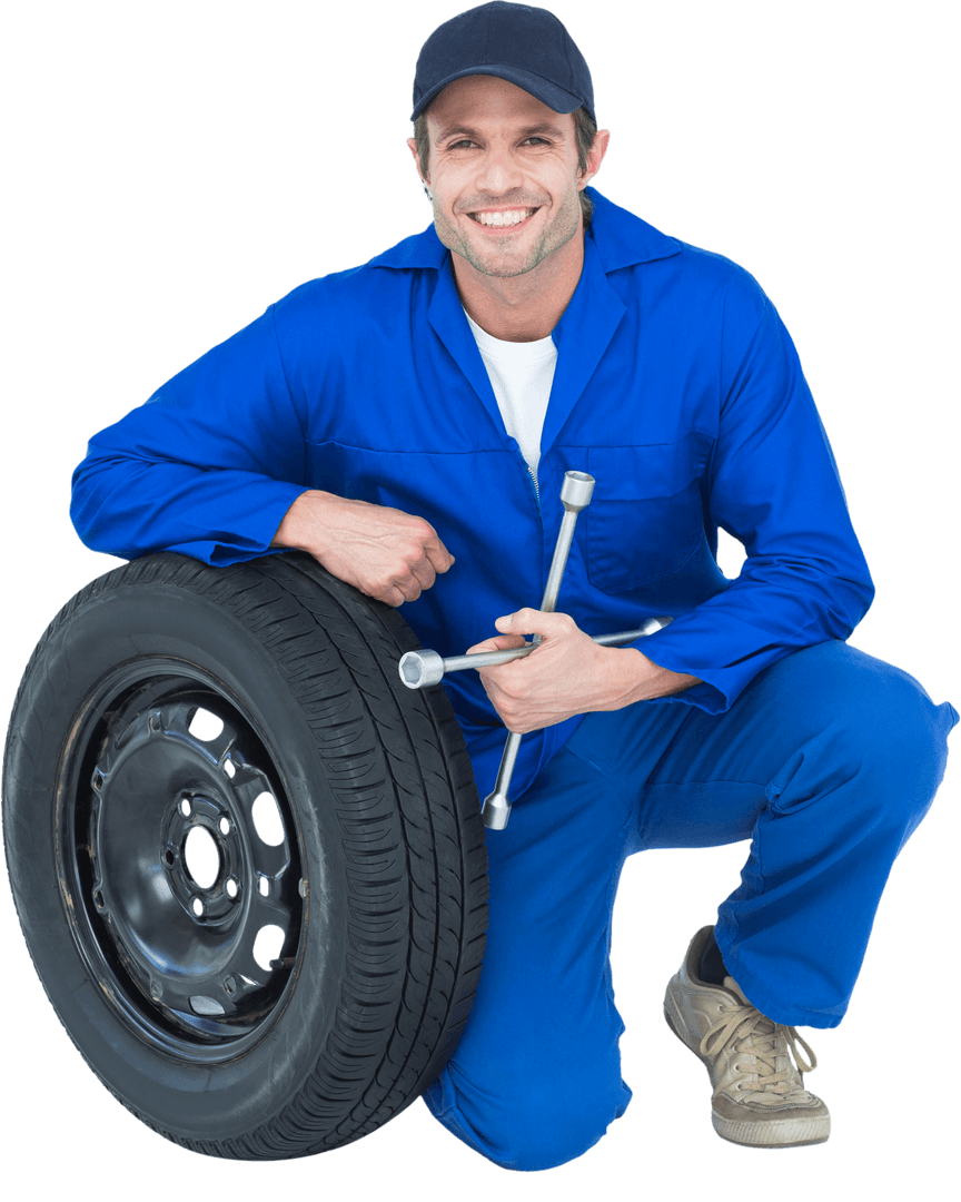 Smiling Mechanic in Blue Overalls with Wrench and Tire on Transparent Background