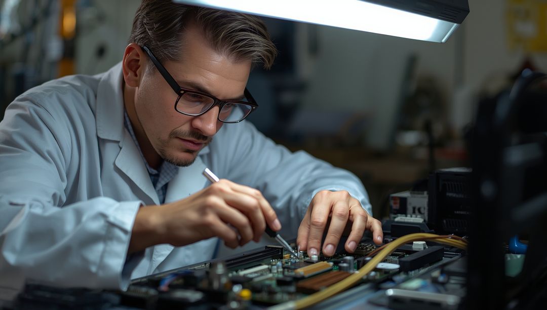 Engineer Soldering Circuit Board in High-Tech Electronics Lab