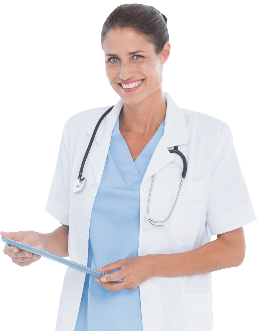 Smiling Female Doctor Holding Tablet on Transparent Background