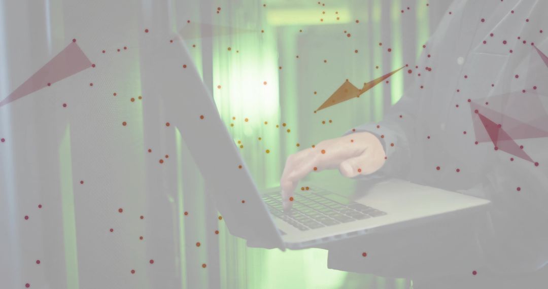 Korean IT Professional Typing on Laptop in Data Center with Futuristic Digital Overlays