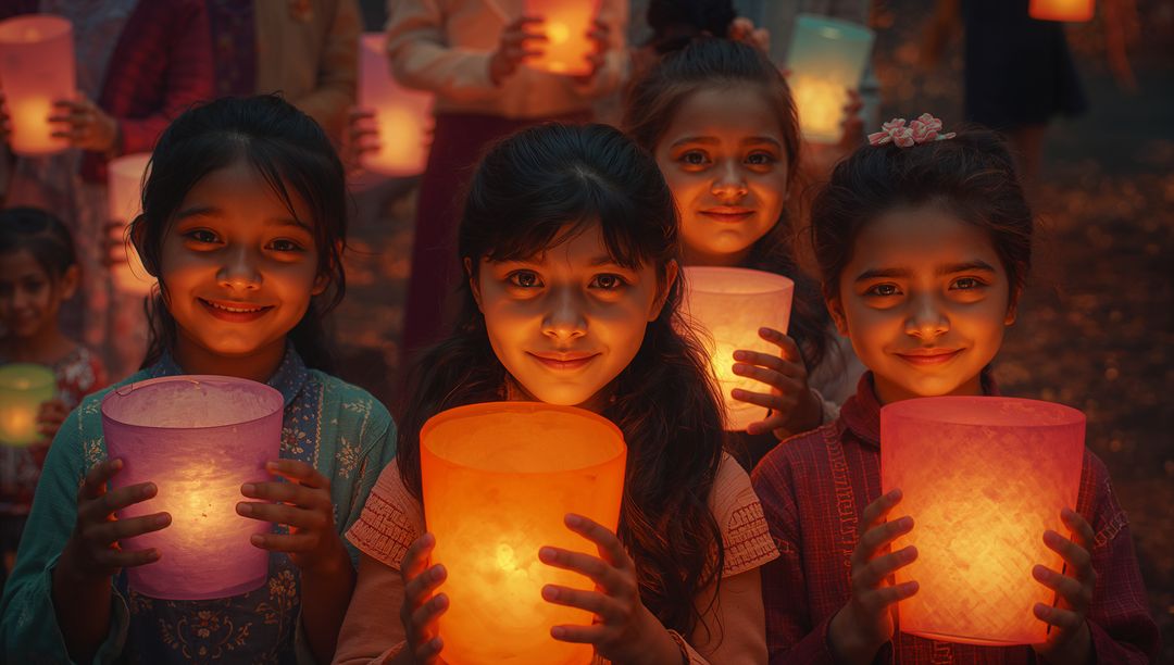 Smiling Children Holding Lanterns in Warm Sunset Glow