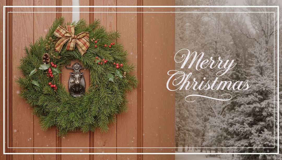 Evergreen Wreath with Deer Door Knocker and Snowy Merry Christmas Greeting on Rustic Door
