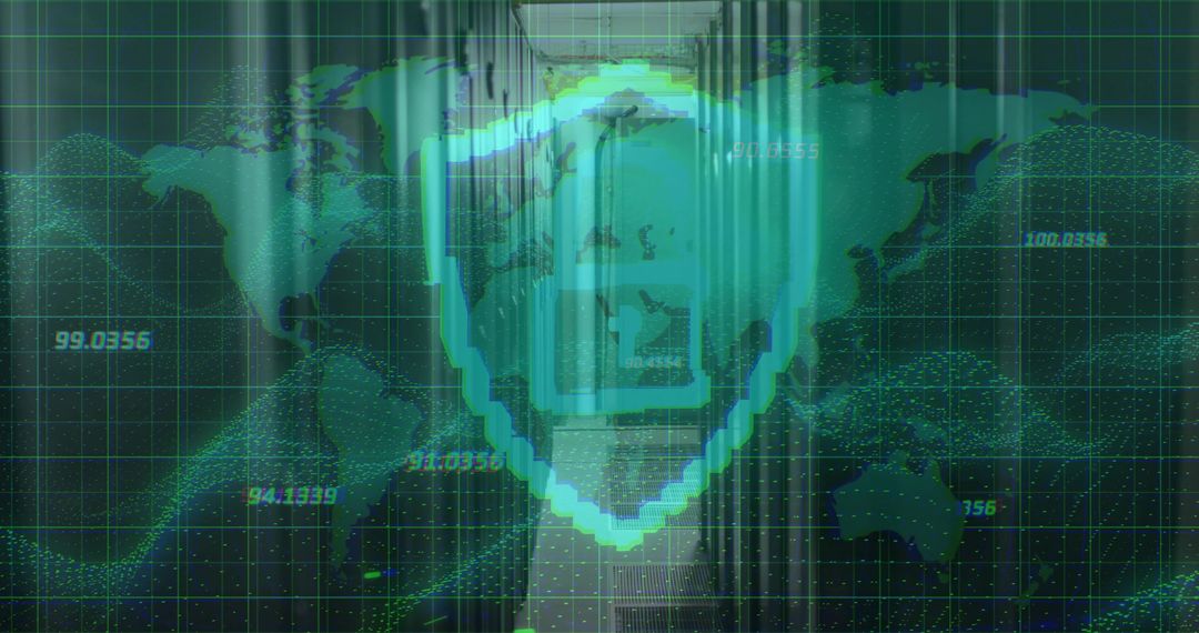 Glitch Shield Protecting Global Data Over Server Corridor with World Map Grid