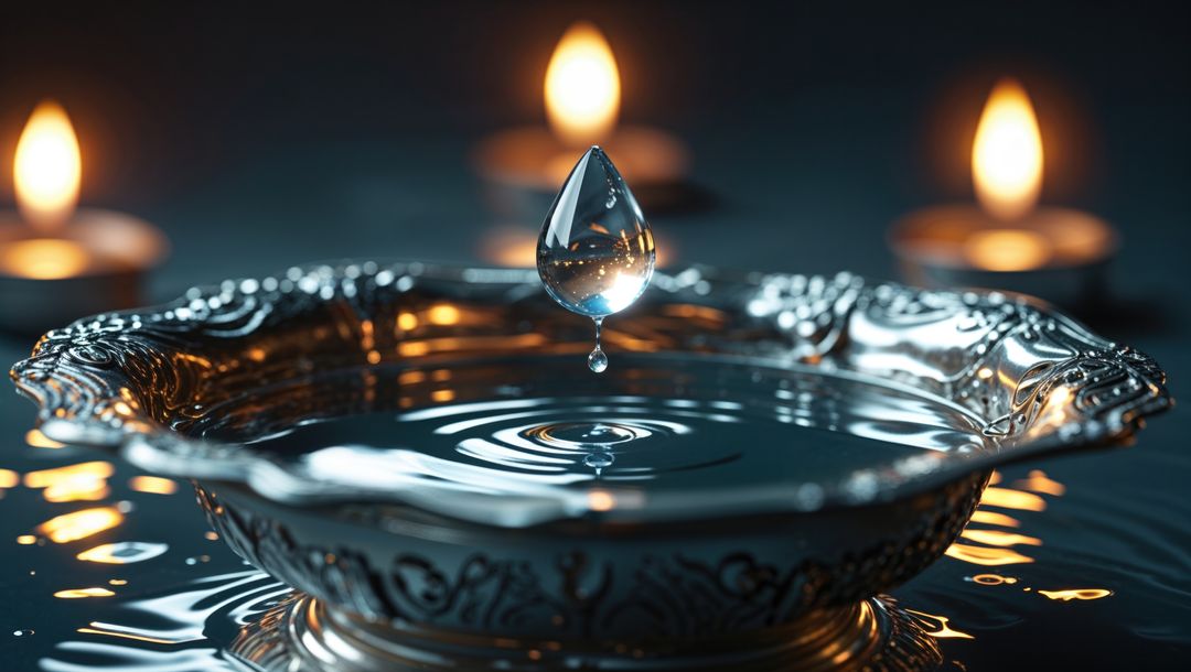 Soothing water drop creating ripples in elegant silver dish, forgiveness concept