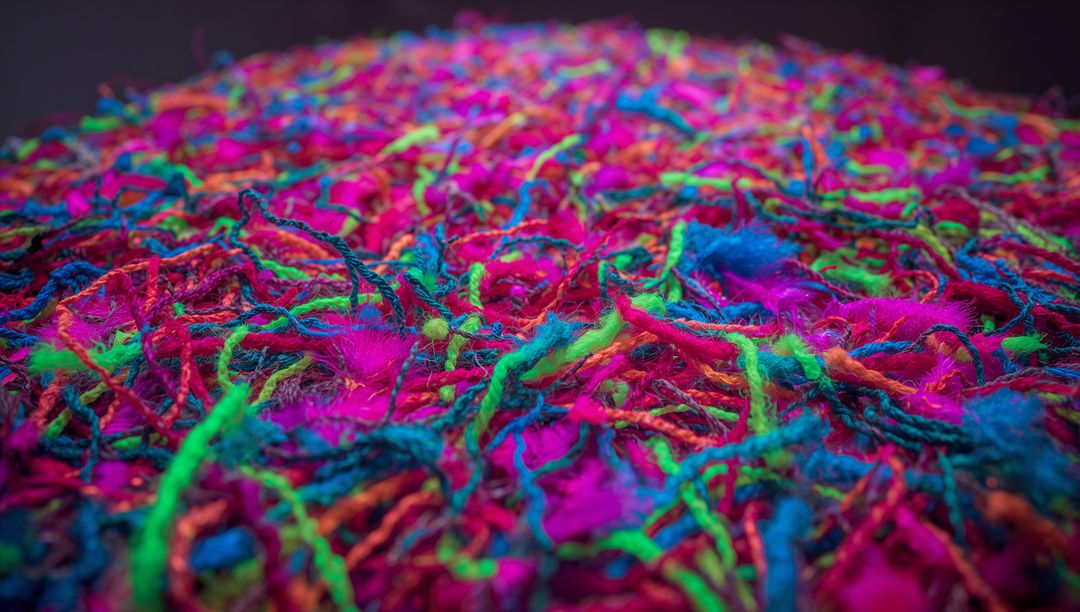 Tangled neon yarn close-up showing vibrant fuzzy fibers and chaotic multicolor texture