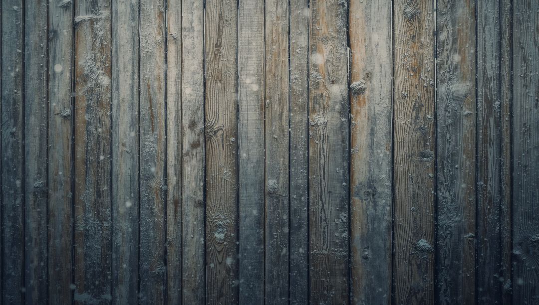 Frost-dusted weathered wooden planks with knots and nailheads, rustic winter texture