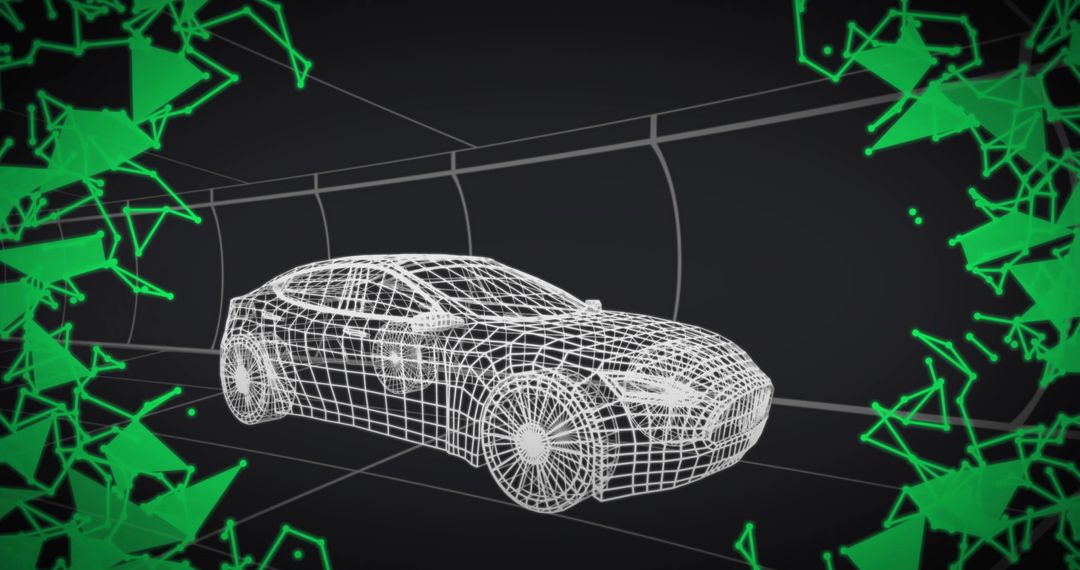 Futuristic Wireframe Car Model in Digital Tunnel with Neon Accents