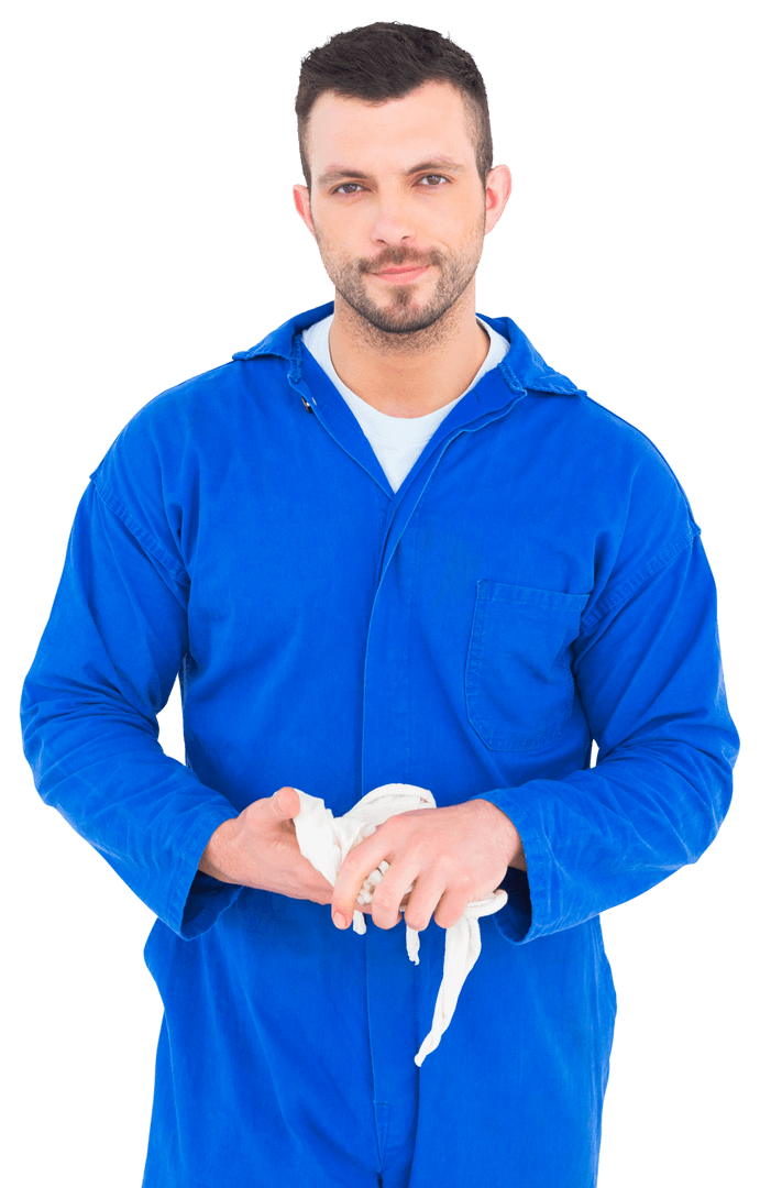 Transparent Male Mechanic Wiping Hands with Cloth