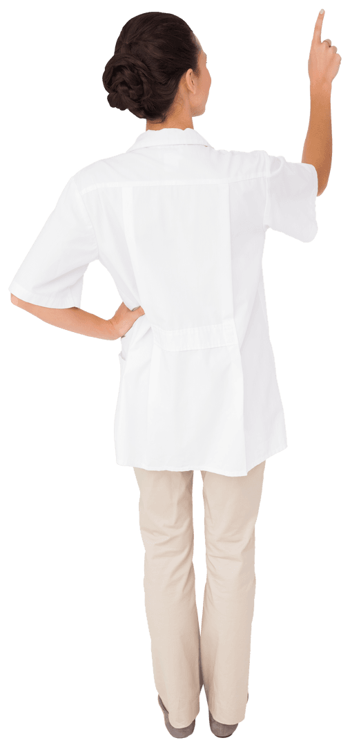 Transparent Female Doctor Pointing Upwards in Uniform