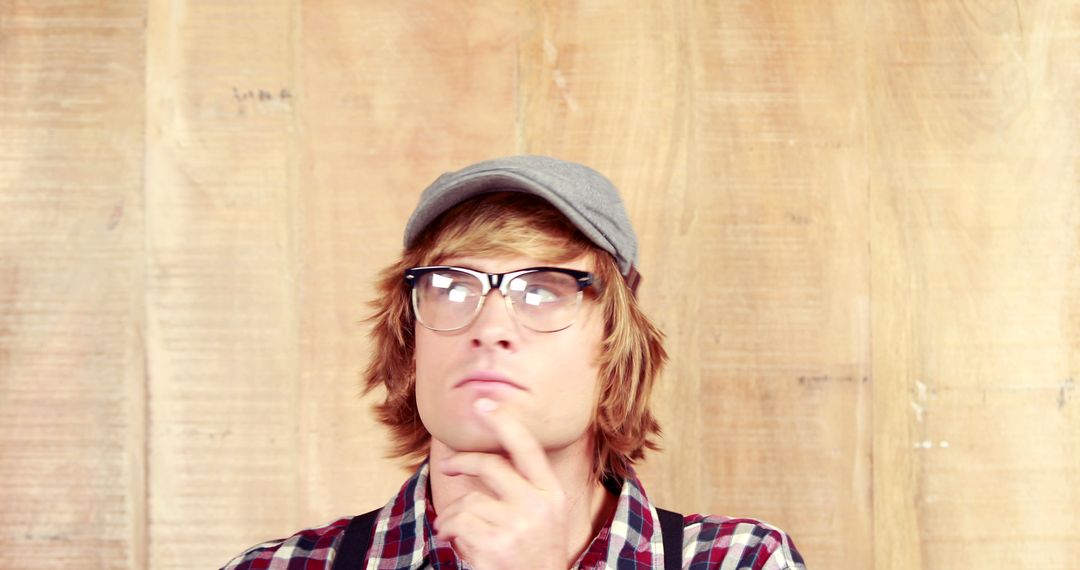 Young Man in Glasses Deep in Thought against Wooden Background - Free Images, Stock Photos and Pictures on Pikwizard.com