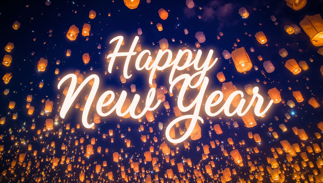 Glowing Happy New Year Script Floating Over Sky Lanterns in Starry Night Festival