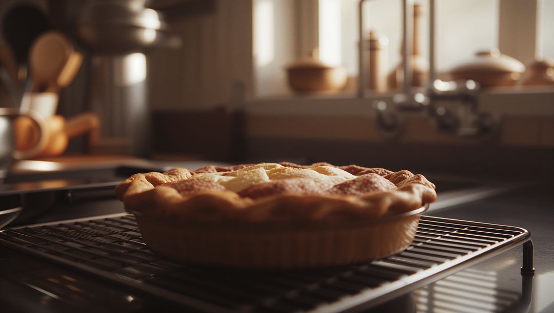 Homemade Lattice-Top Pie Cooling on Counter in Rustic Kitchen