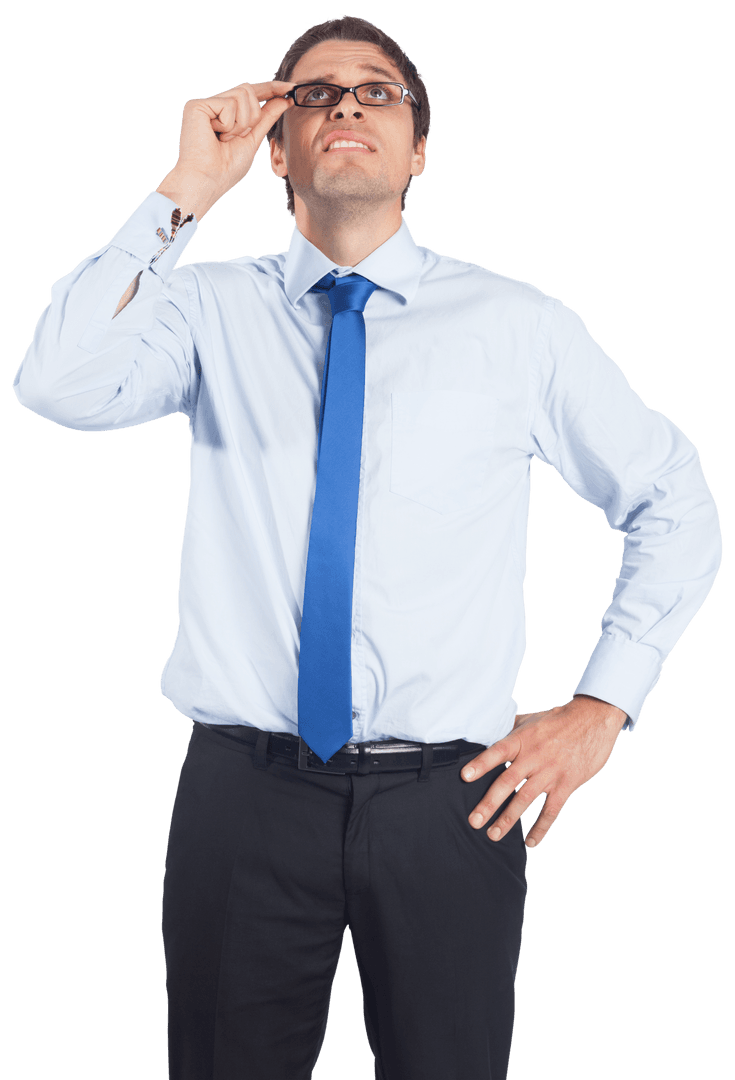 Transparent Businessman Looking Up with Eyeglasses in Thoughtful Pose