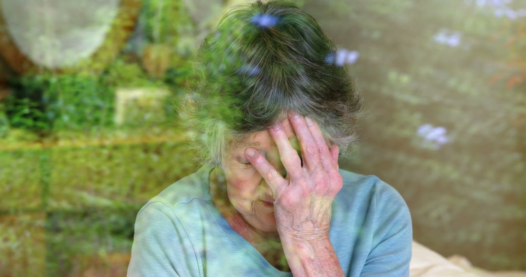 Elderly Woman Feeling Overwhelmed Indoors with Nature Reflection - Free Images, Stock Photos and Pictures on Pikwizard.com