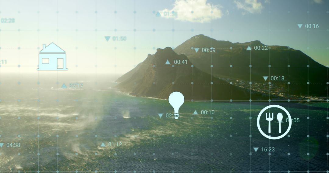 Digital Data Interface Over Scenic Coastal Landscape