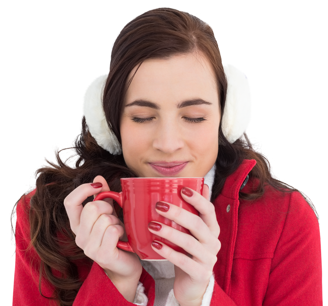 Woman in Winter Clothes Enjoying Hot Drink, Eyes Closed, Transparent Background - Download Free Stock Images Pikwizard.com