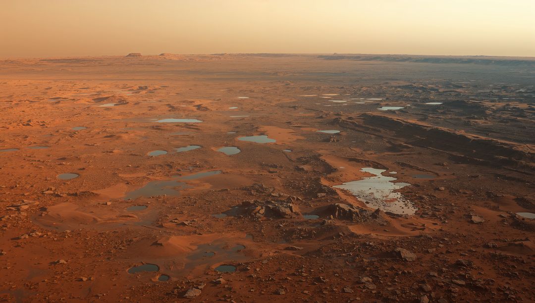 Rust-ochre rocky plain stretching to horizon, reflective shallow basins glowing at dusk