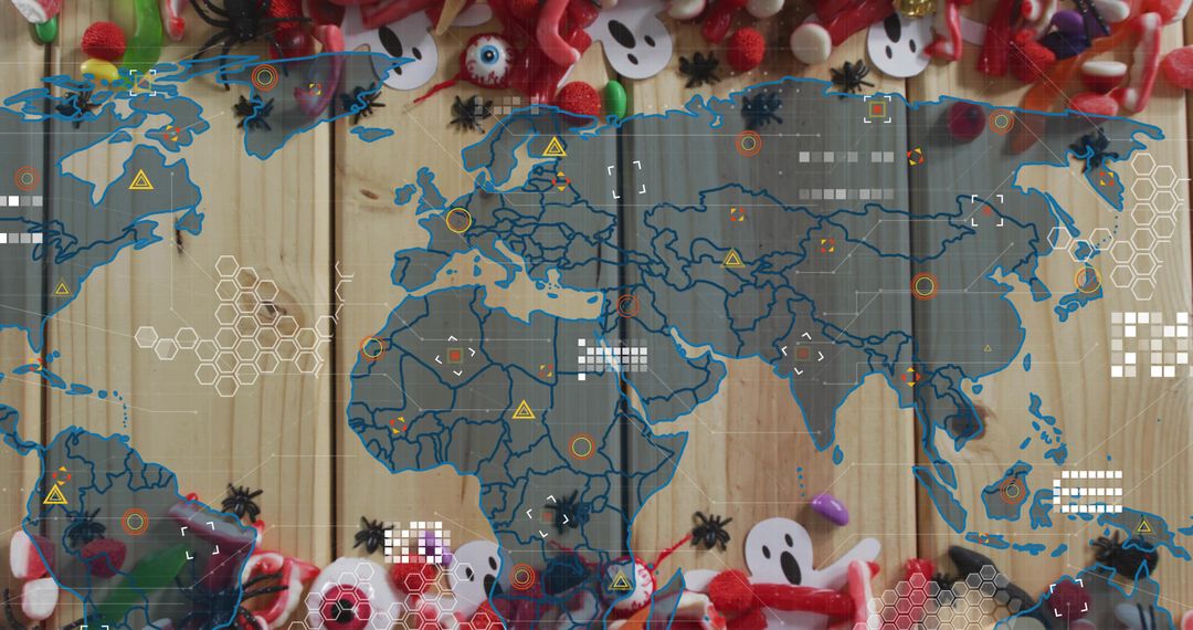 Haunted Halloween Flatlay with Digital World Map HUD Overlay on Rustic Wood Planks