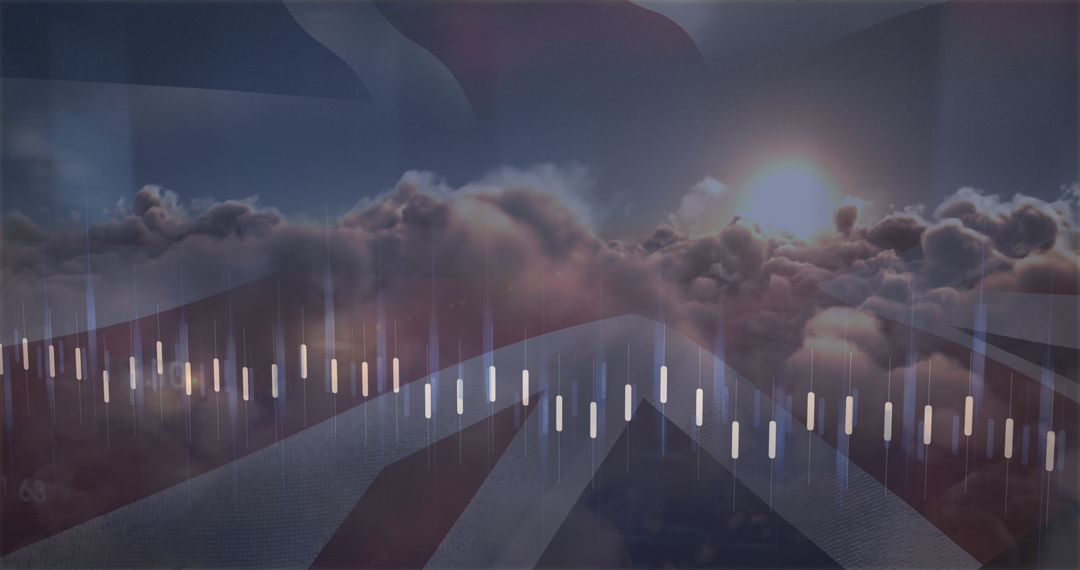 Digital Data Stream Over UK Flag and Clouds