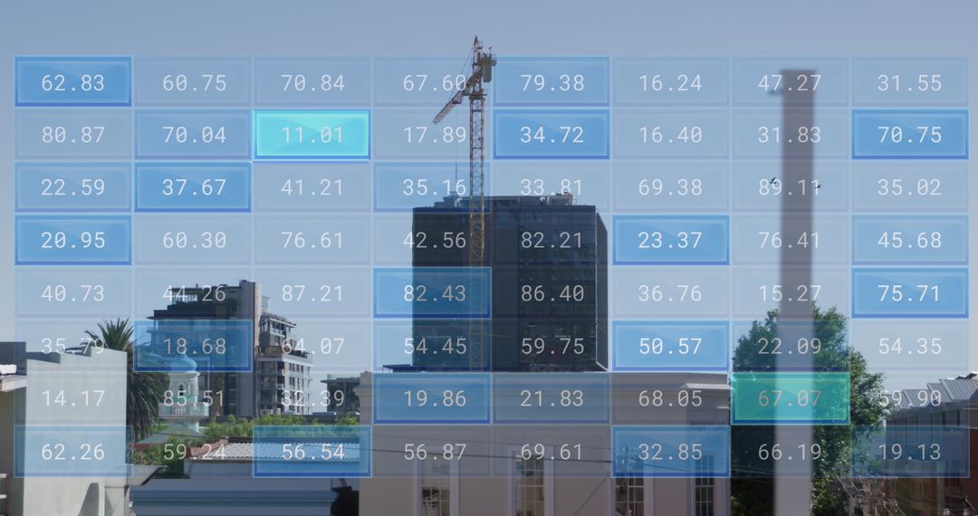 Digital Financial Data Overlaid on Urban Cityscape with Skyscrapers