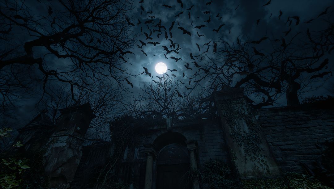 Gothic Graveyard Gate Under Full Moon with Bats and Vines
