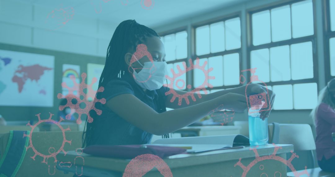 Schoolgirl with Face Mask Using Sanitizer in Classroom