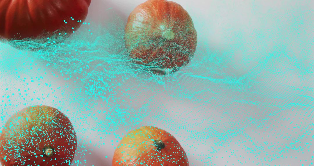 Oranges glowing amid teal particle mesh creating futuristic digital motion and texture