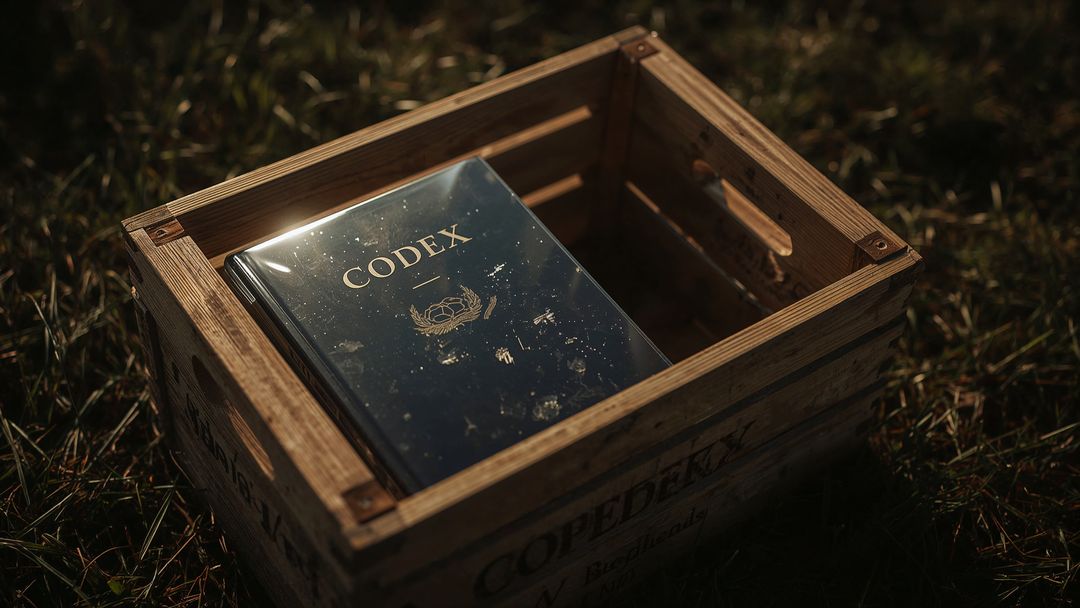 Vintage CODEx in Wooden Crate Amidst Grassy Terrain