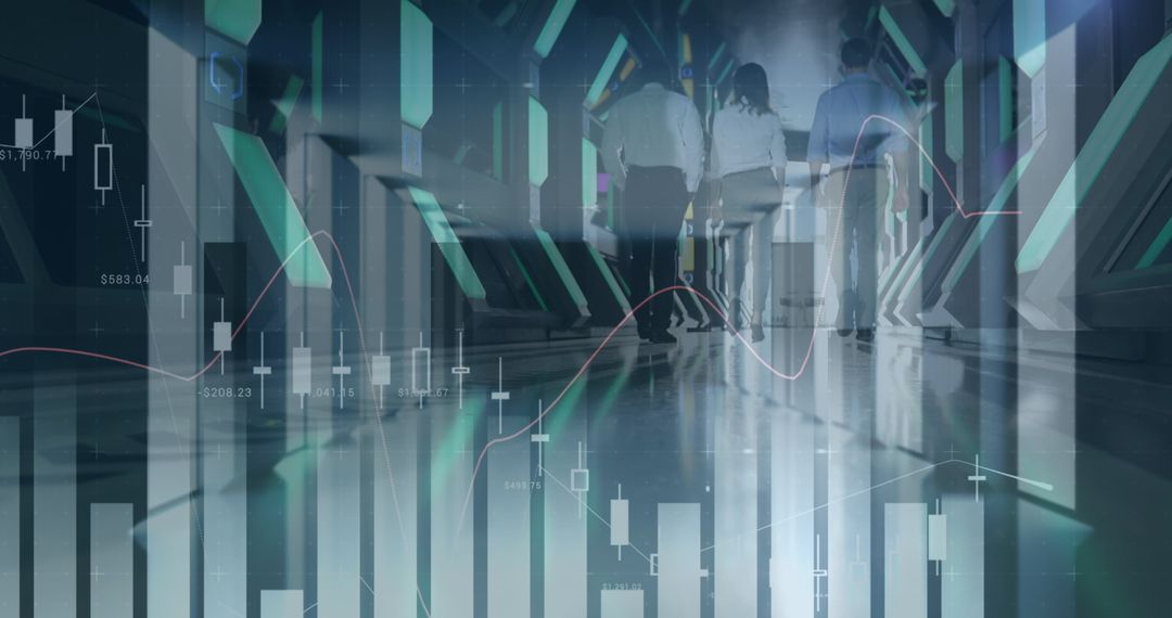 Business Professionals in Futuristic Server Room with Statistical Graph Overlay