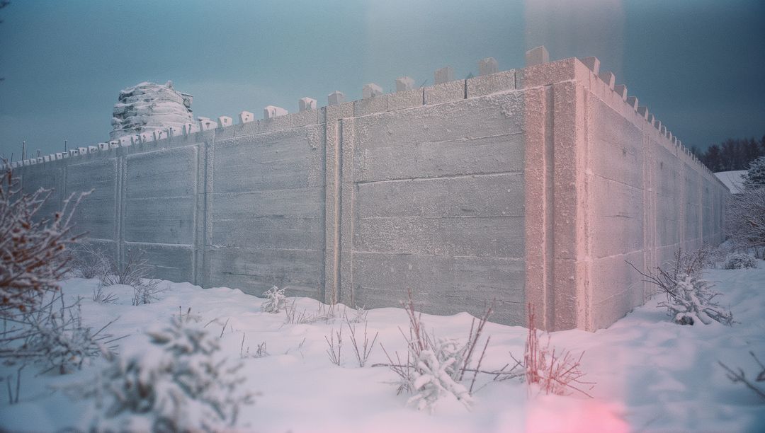 Concrete Barrier with Crenellations in Winter Landscape