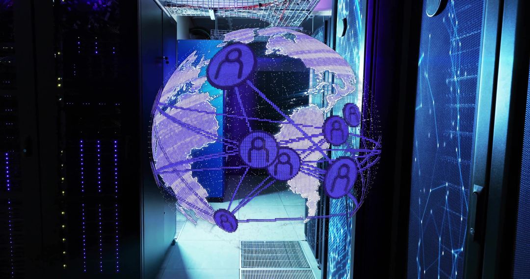 Futuristic Holographic Globe in Data Center Representing Global Network Connection