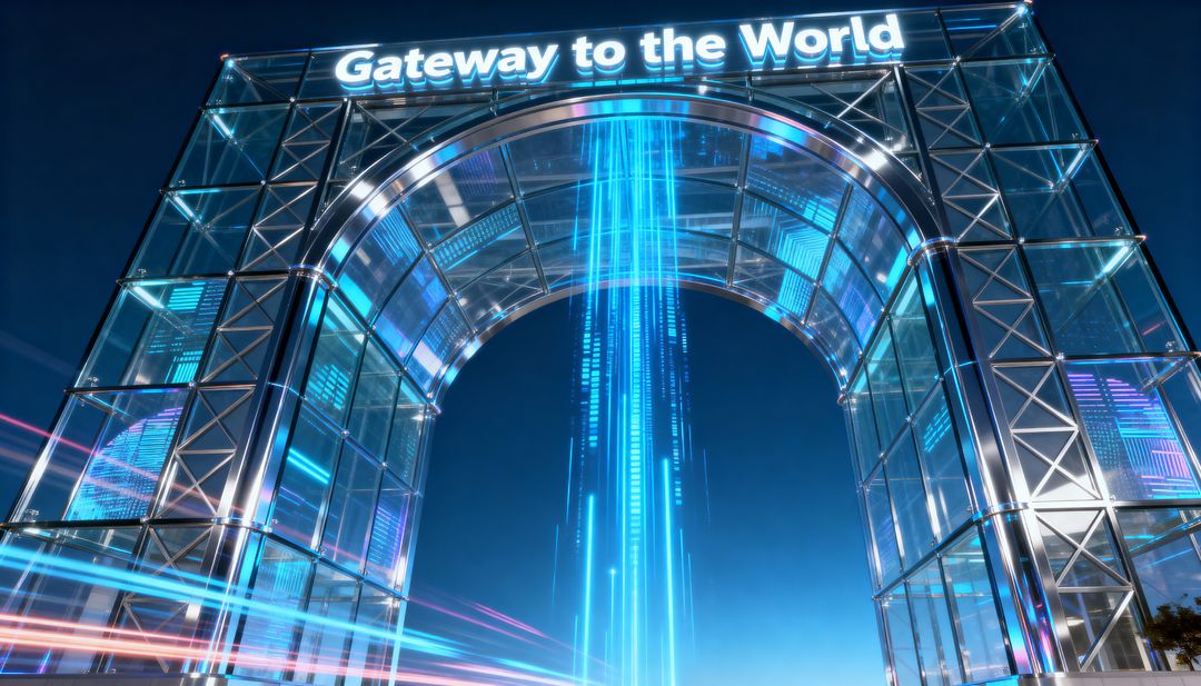 Glowing Glass-Metal Gateway Emitting Vertical Blue Light Beam Over Futuristic Night Plaza