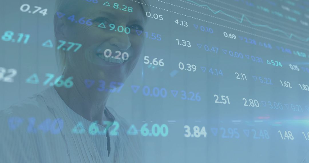 Smiling senior female executive viewing overlaid market data with digital double exposure