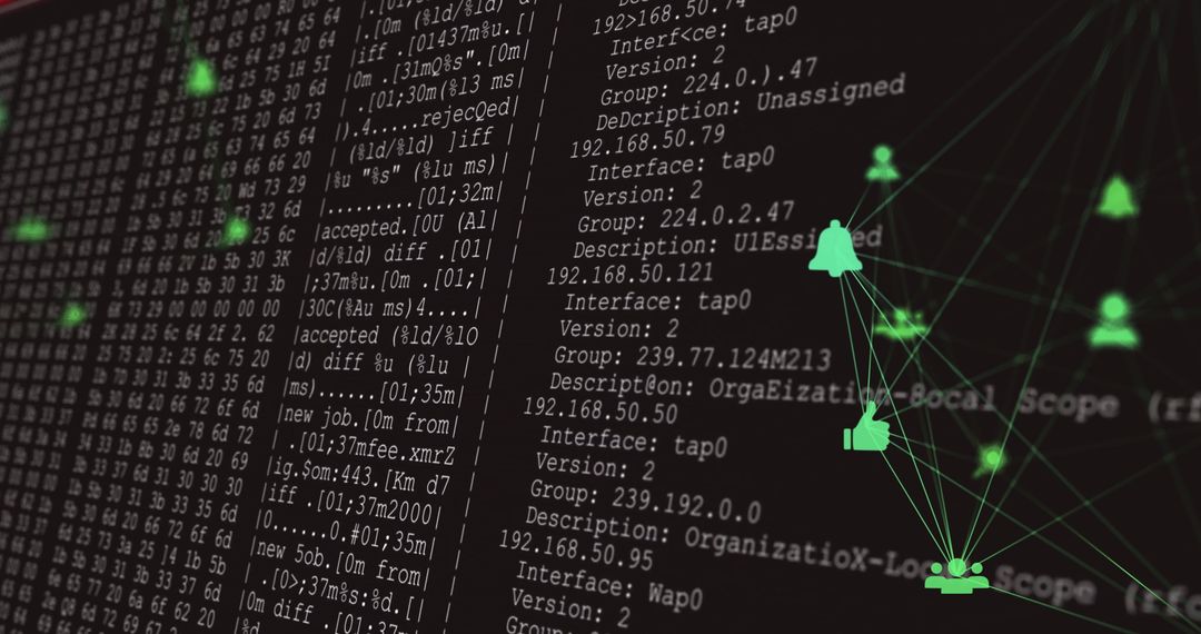Neon Graph Interface with Data Logs and Network Icons