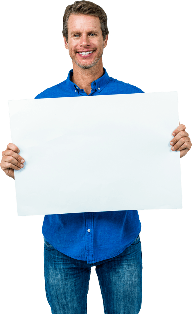 Smiling Man in Blue Holding Blank Transparent Placard