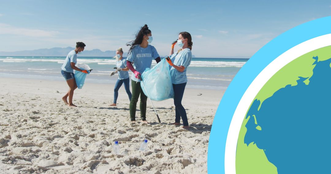 Diverse Eco Volunteers Cleaning Beach with Masks and Globe Digital Element