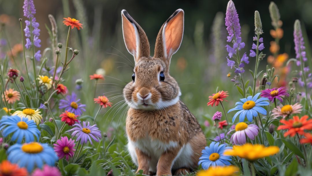 Curious cottontail rabbit in colorful wildflower meadow