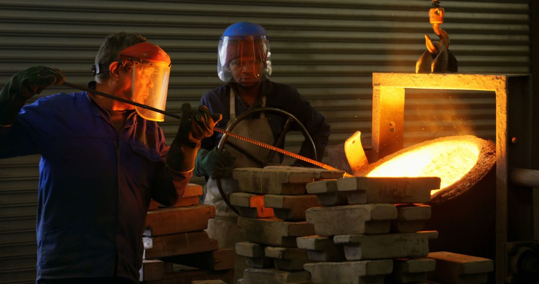 Metalworkers Pouring Molten Metal in Industrial Foundry - Free Images, Stock Photos and Pictures on Pikwizard.com